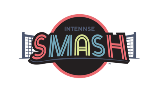 INTENNSE Smash crest, neon-sign lettering in front of a tennis net